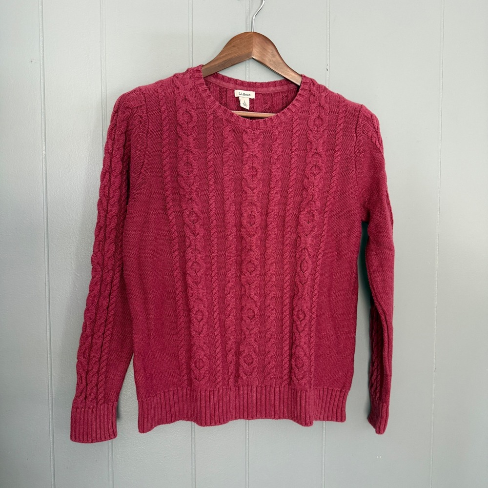LL Bean Womens Burgundy Cable Knit Cotton Crewneck Sweater Size L 298839